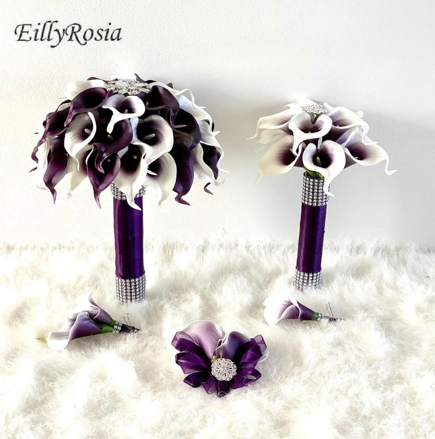 

EillyRosia Design Cascading Purple Bridal Bouquet Waterfall Bridesmaid Brooch Bouquet with Jewelry Wedding Holding Flowers