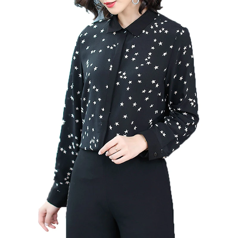 

COIGARSAM Plus Size Brief Print Shirt Womens tops New Spring Office Lady Full Sleeve Chiffon Straight Women shirts Black 0257