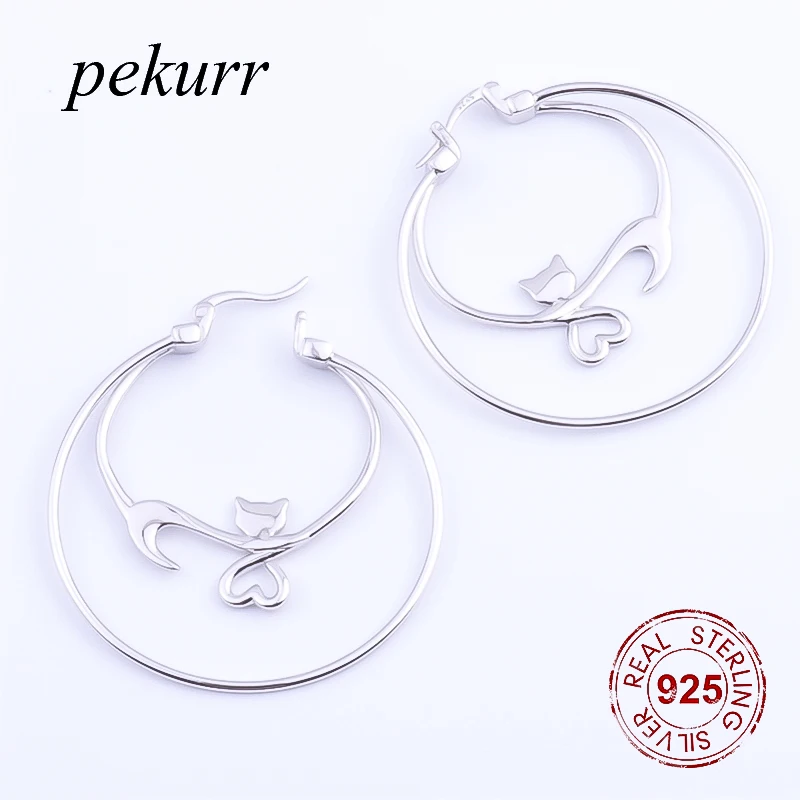 Женские серьги кольца Pekurr из серебра 100% пробы с полыми сердечками|Серьги-кольца| |