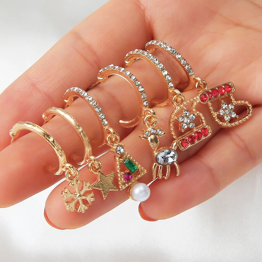 

Fashion New Christmas 6-Piece Earrings Women's Bohemian Rhinestone Snowflake Christmas Shoes C Shape Pendant Earrings