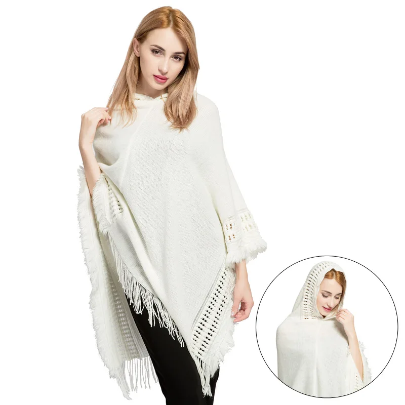 Bohemian Capes Ponchos with Hat Women Tassel Pullover Plus Size Knitted Sweater Cloak Elegant Shawl Autumn and Winter Scarf