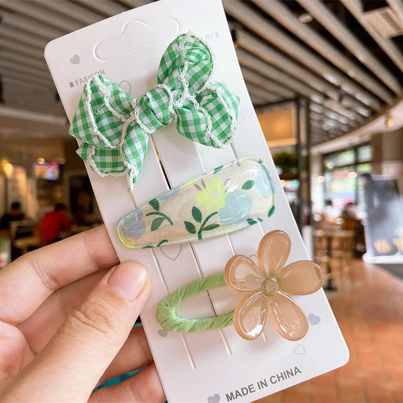 

3 PCS/SET Plaid Floral Printing Bow Hair Clips For Women Girls Cute Fashion Hairpins Cartoon Plastic Flower Hair Accessories