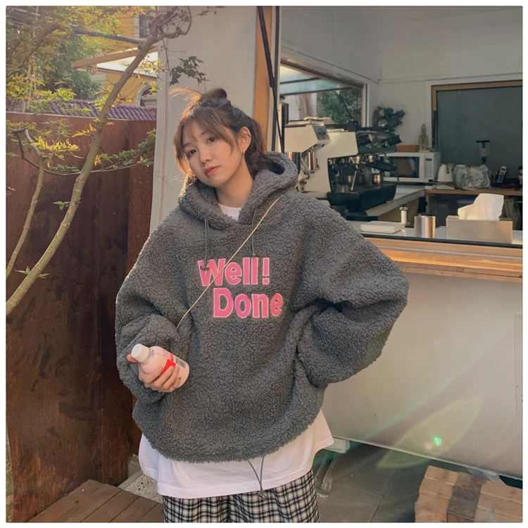 

XZ1057 2021 New Korean version of loose drawstring letter embroidery thickened lamb wool gray Sweatshirts
