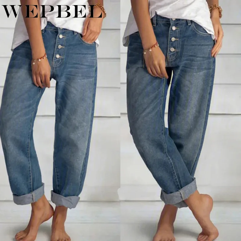

WEPBEL Spring and Autumn Fashion Solid Color Loose Jeans Women's Casual Mid-Waist Single-Breasted Denim Straight-Leg Pants