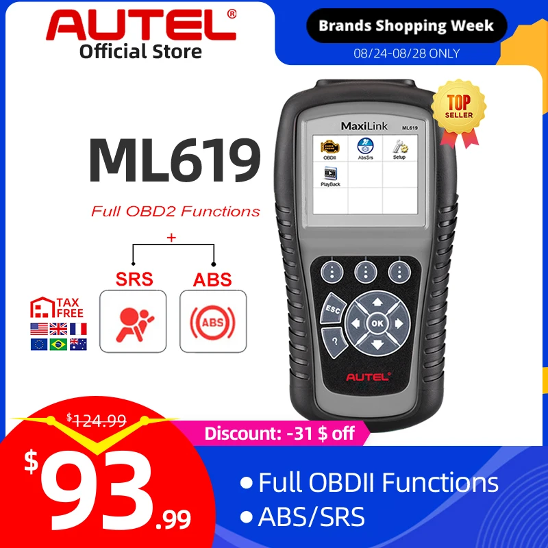 Autel MaxiLink ML619 ABS/SRS + CAN OBDII диагностический инструмент очищает коды и наборы