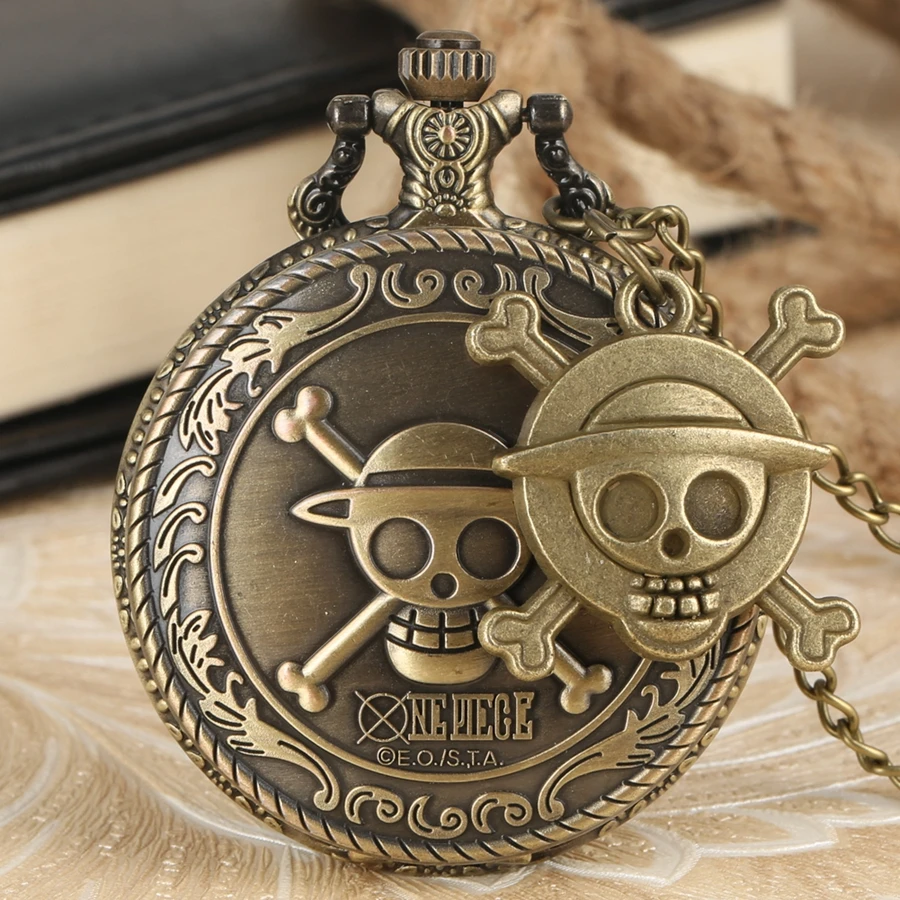 Vintage Pirate Luffy One Piece Quartz Pocket Watch Men's Clock Women's Gift Unique Cosplay Pendant reloj with Skull Accessory