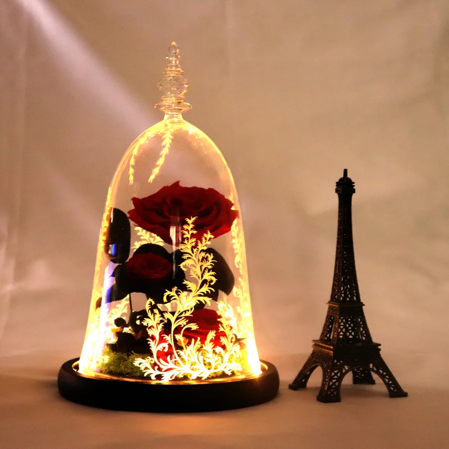 

Beauty And Beast Flower In Glass Dome Belt LED Christmas Home Decor For Birthday Valentine's Day New Year Gift Preserved Rose