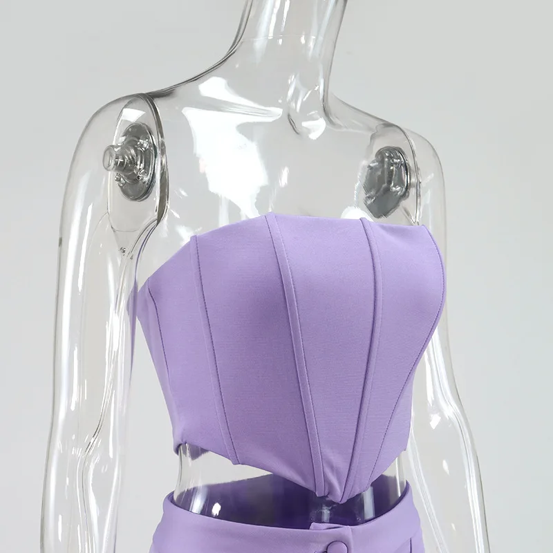 

Two Piece Sets Women 2021 New Spring Summer Skinny Flare Pant Strapless Tops Sexy Slim Fit Ladies Zipper Fly High Street Cotton