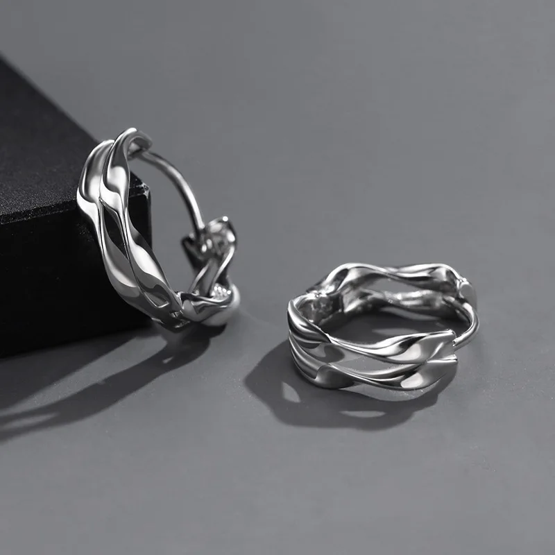 

925 Silver Customizes Earrings Stud Earring Men's Personality Waves-Shape Hoop Earrings Hip-Hop Trends Boys Ear Accessories