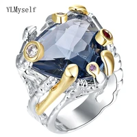 big triangle navy blue zircon ring silver gold 2 tone plating irregular finger ring cocktail fashion party jewelry for women