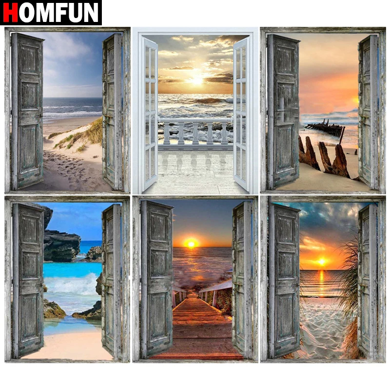 

HOMFUN 3D Diamond Painting Sea beach sunset gate" DIY Full Rhinestones Drill Cross-stitch Kits Square Round Diamond Embroidery