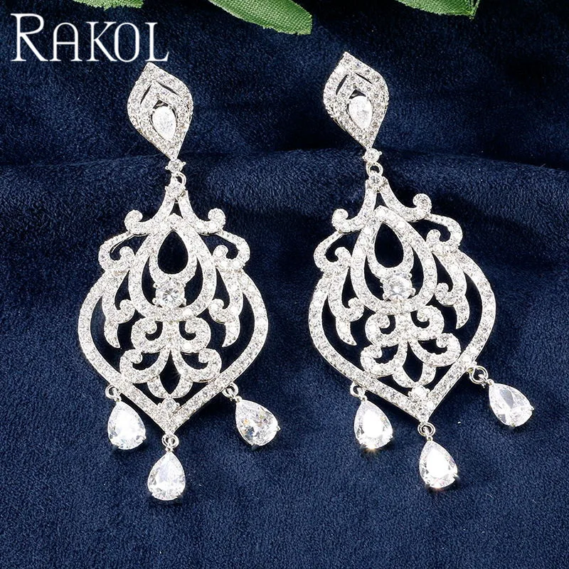 RAKOL Luxury Cubic Zirconia Drop Earrings for Women Bride Crystal Tassel Jewelry Accessories Anniversary Gift RE023278 | Украшения и