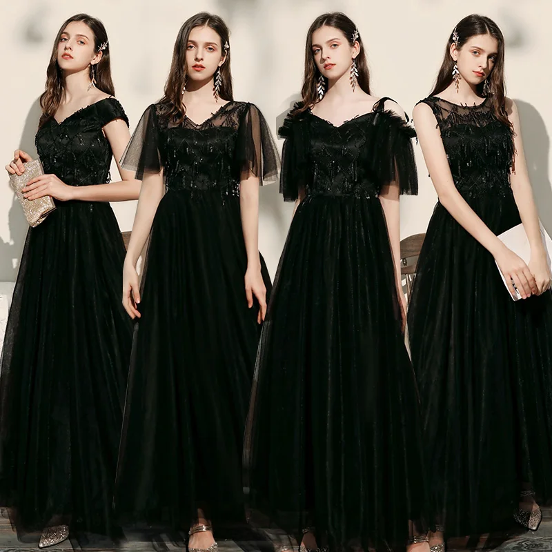 Новые черные платья для подружек невесты Тюлевое длинное платье трапеция с V