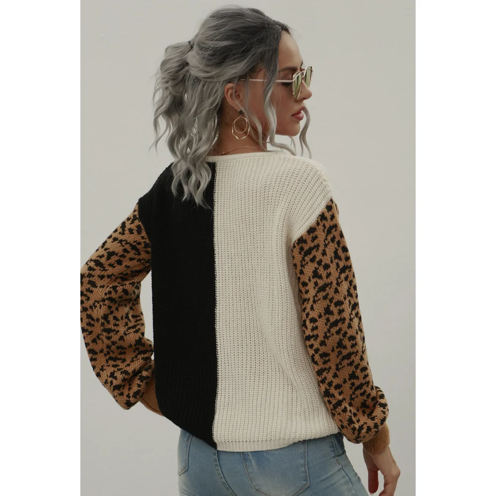 

Fashion Patchwork Top Woman Sweaters Leopard Print V Neck Stitching Long Sleeve Sweater Pullovers Winter Clothes Women