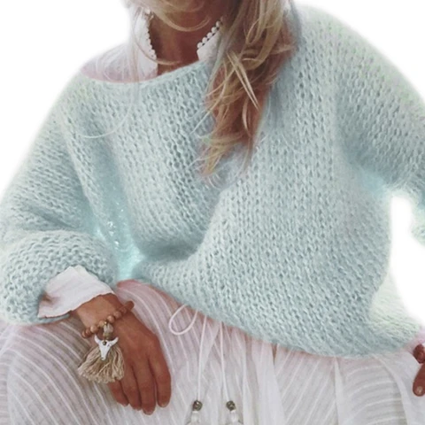 Женский свитер с длинными рукавами-фонариками, Пушистый пуловер из мохера, вязаный однотонный свободный джемпер оверсайз