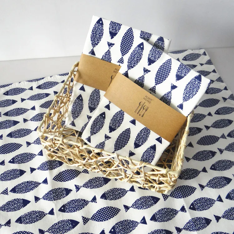 

Mediterranean Blue Fish Print S Dining Napkin Mats Bowl Pad Hotel Cutlery Table Decoration Tray Mat Braided Style Placemat
