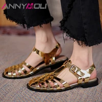 annymoli women gladiator sandals shoes plated leather flat sandals square toe thick heel ladies footwear summer black gold