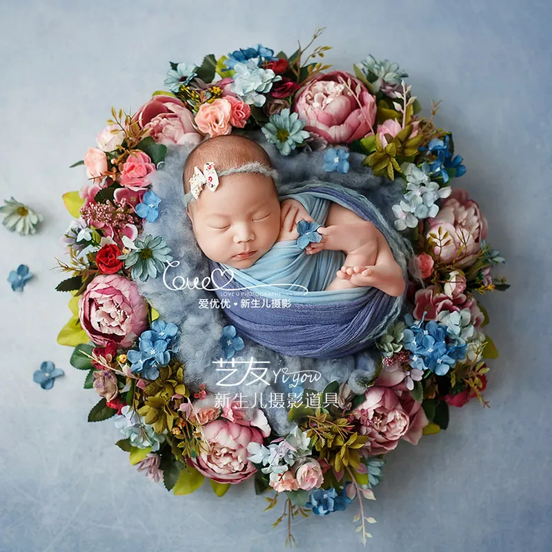 Newborn Photography Props 50cm Artificial Flower Wreath Baby Photo Shoot Props Fotografia Acessorio Christmas Wedding Decoration