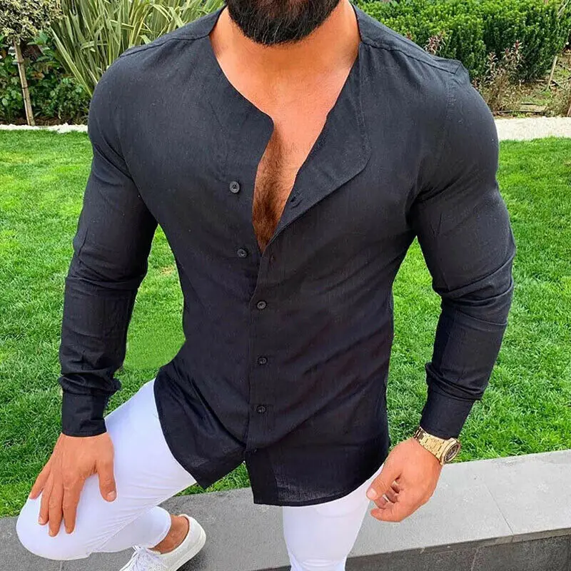 

2019 Brand New Men Linen Slim Fit Casual Long Sleeve Dress Shirts Crew Neck Tops Shirt Blouse