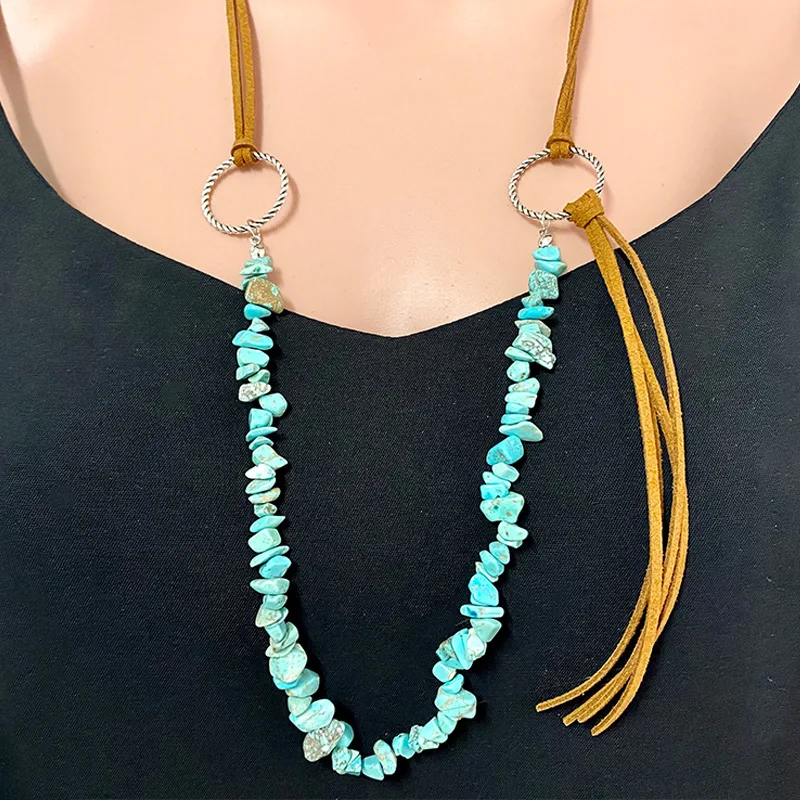 

2 Layers Leather Fringe Tassel Turquoise Stone Metal Ring Connector Rope Necklace for Women BOHO Ethnic Style Long Sweater Chain