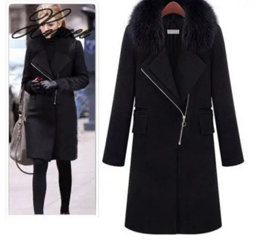 

2020 autumn and winter new fashion fur collar plus velvet coat long section slim woolen coat thickening