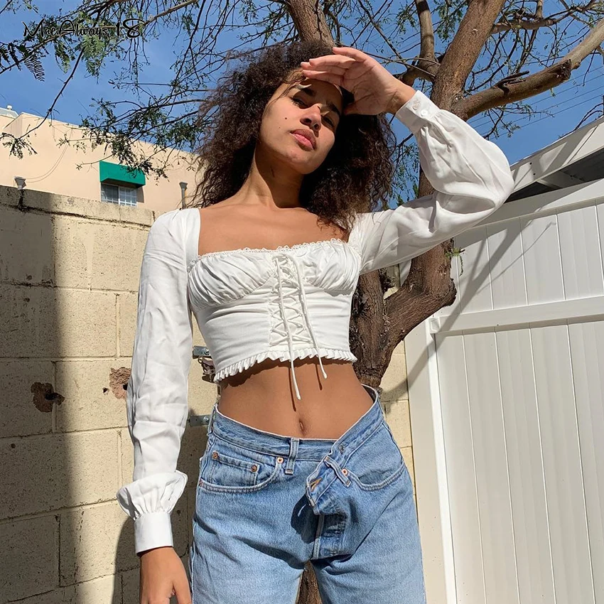 Mnealways18 Уличная Сексуальная Укороченная рубашка с длинным рукавом Женская белая