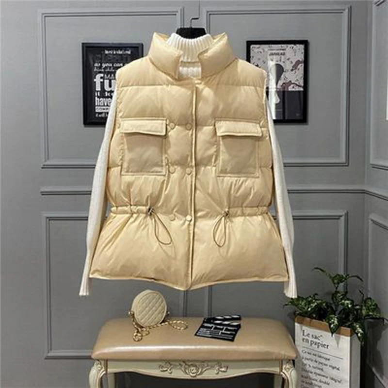 

Woman Down Coat Stand Collar 2021 Winter Vests Belted Waist Solid Womens Parka Warm Jackets