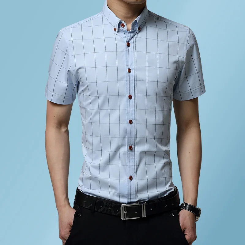 

2019 Fashion Men's summer pure cotton short sleeve grid shirts / Male lapel slim fit Business shirts Plus size S-5XL