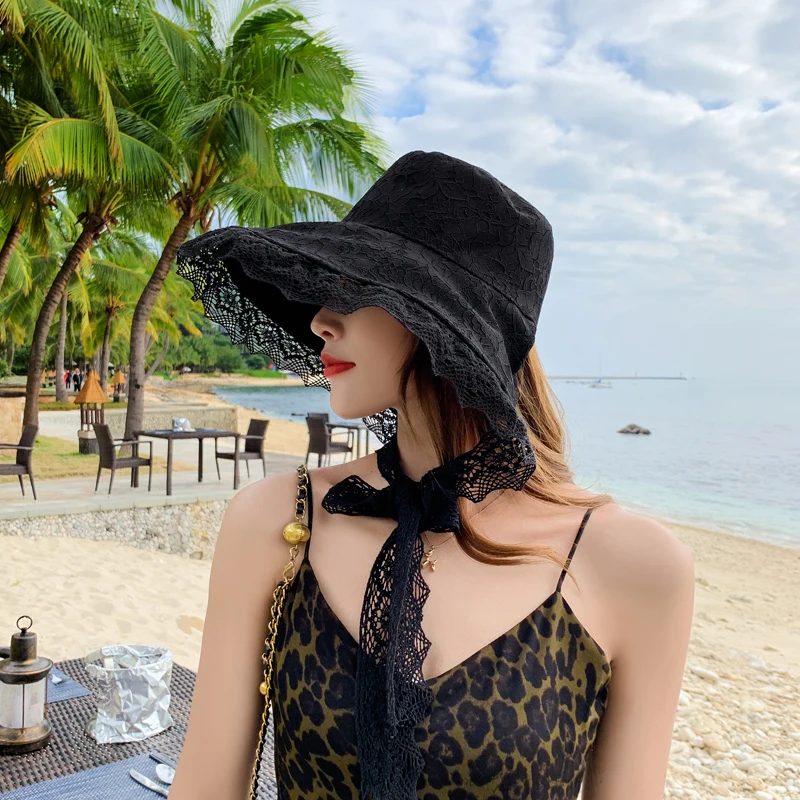 

New Summer Fashion Sun Hats For Women Elegant Lace Anti-UV Fisherman's Hat Wide-Brim Floppy Foldable Travel Vacation Hat