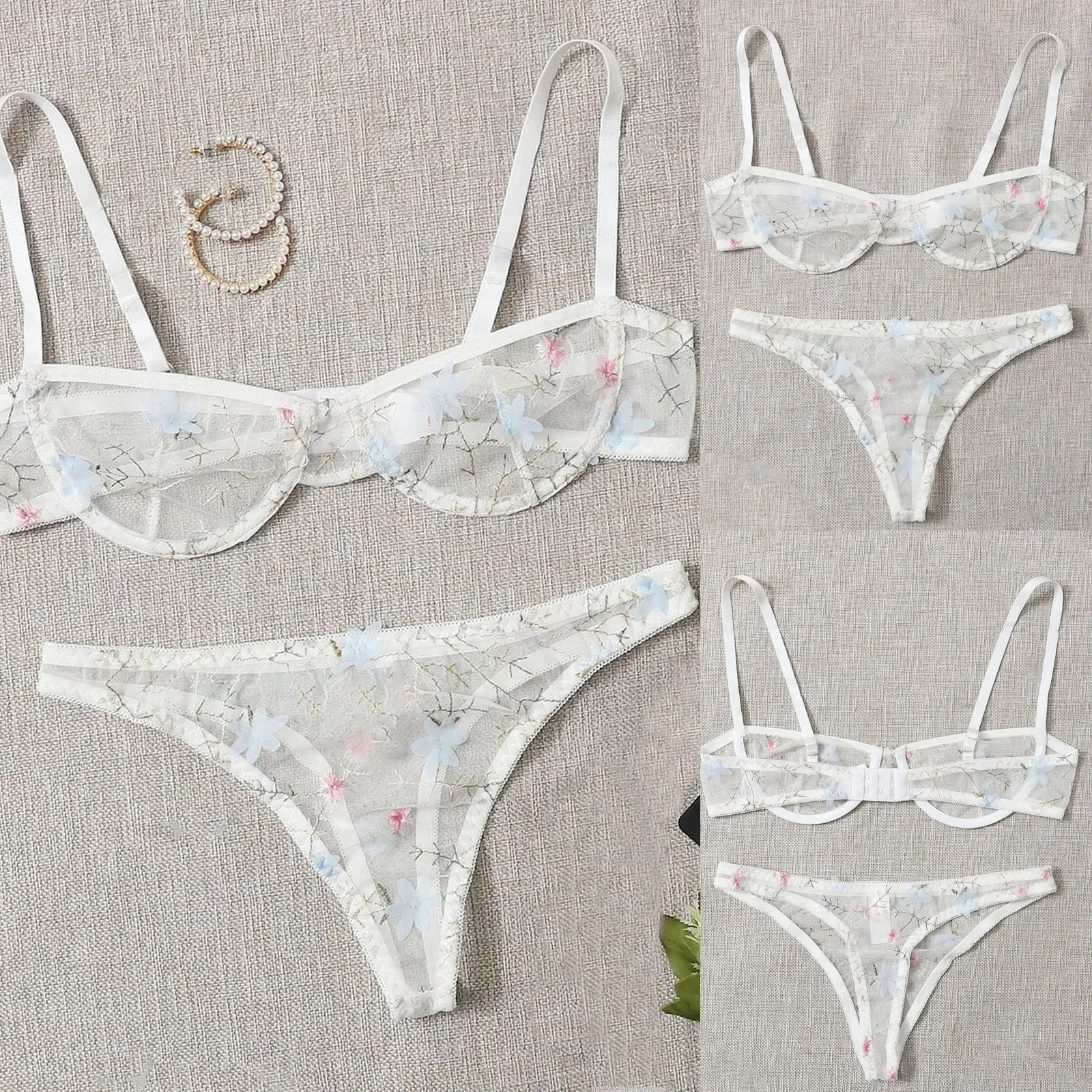 

Women Sexy Underwear Set Flower Applique Embroidered Steel Ring Bra Thong Suit Ladies Nightwear Underwear Lingerie Sets Lenceria