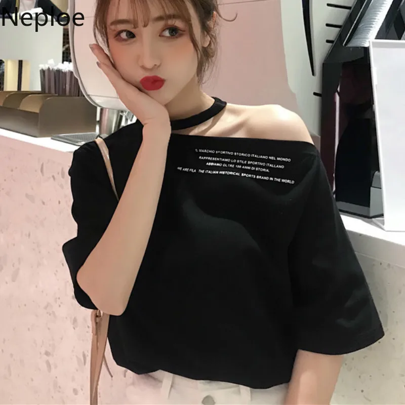 Женская футболка без бретелек в гонконгском стиле с круглым вырезом и буквенным