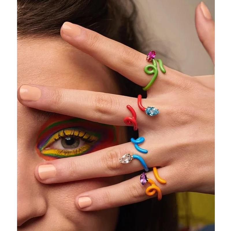 

Uilz 2021 New Punk Design Colourful Snake Crystal Geometric Adjustable Rings for Women Enamel Y2K Party Jewelry Gifts