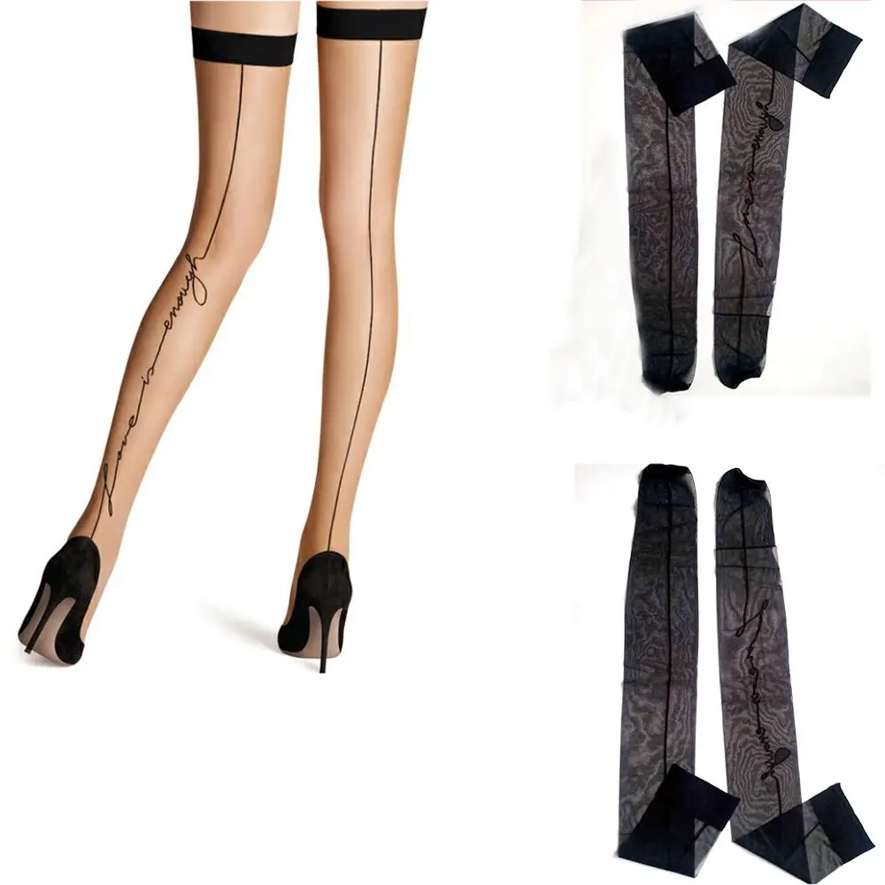 Классические винтажные тонкие летние женские чулки выше колена с татуировкой