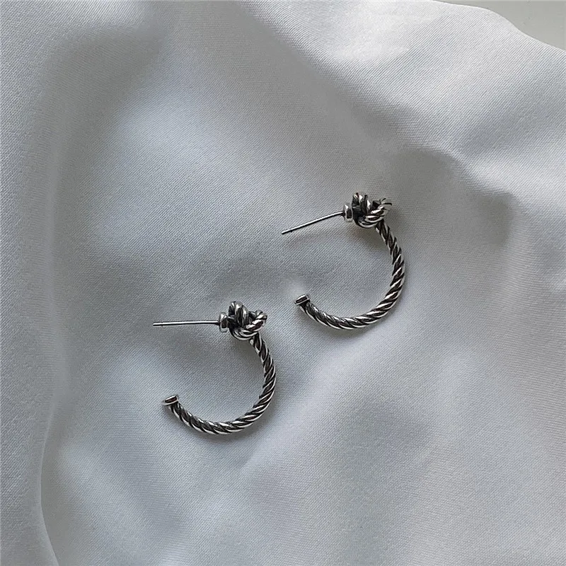 

RUIYI Real 925 Sterling Silver Women Luxury Twisting Knotting Stud Earrings Girls Vintage Make Old Distressed Ear Studs Earrings