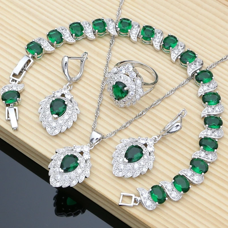 

Natural Emerald Gemstone 925 Silver Jewelry Sets Women Bridal Jewelry Charm Bracelet Earrings Birthstone Necklace Sets Best Gift