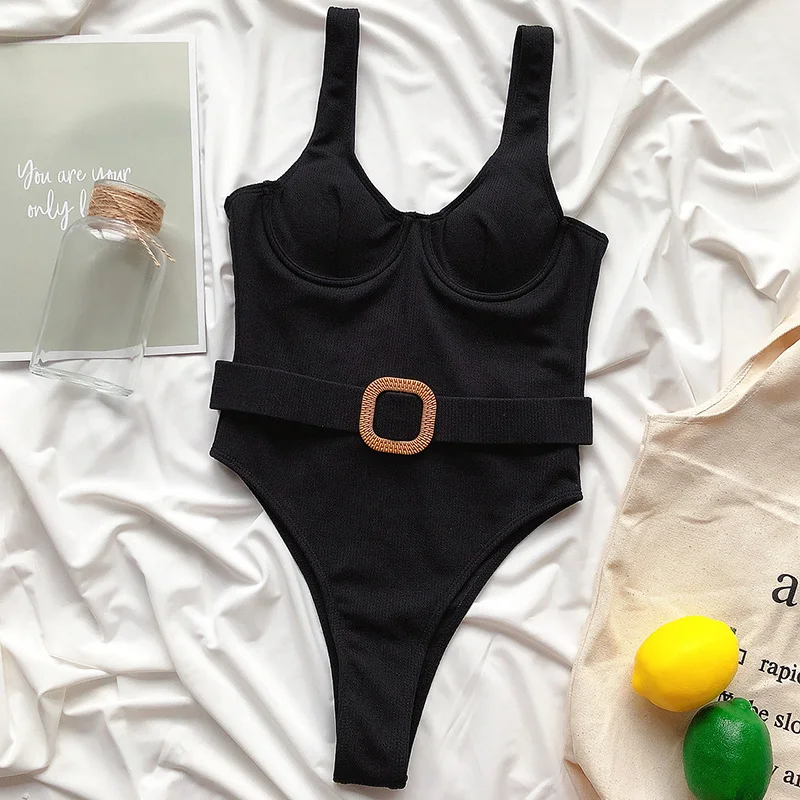 Sexy High Cut Ribbed Women Swimwear One Piece Swimsuit Female High Cut Monokini Waist Belt Bather Bathing Suit Swim Bodysuit