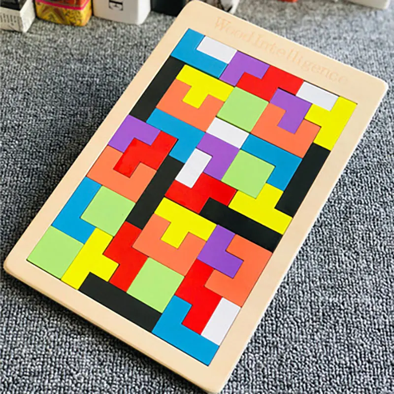 

Colorful 3D Puzzle Wooden Tangram Math Toys Tetris Game Children Pre-school Magination Intellectual Educational Toy for Kids