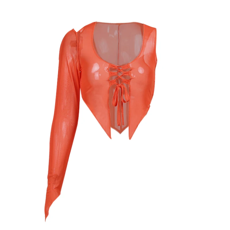 

InstaHot Lace Up Women Crop Top Gauze Single Sleeve Hollow Out Sexy Camis Elegant Streetwear Casual Summer Vintage Female Top