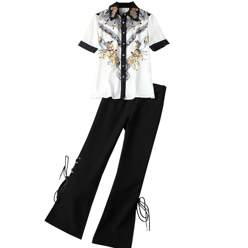 

Fashion Summer Vintage Suits Women's Short Sleeve Print Beading Shirt and Elegant Bandage Flare Pants 2 Pieces Set