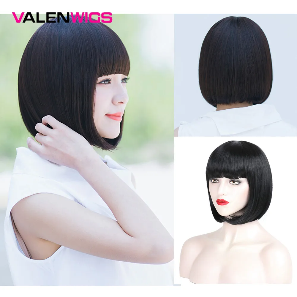 Парики Valenwigs с короткими натуральными волосами Боб прямые плоской челкой