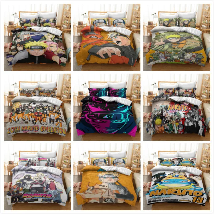 

Naruto Bedding 3D Digital Printing Cartoon Anime Quilt Cover Sheet PillowcaseThree-piece Set Children Bedroom Decoration Gifts
