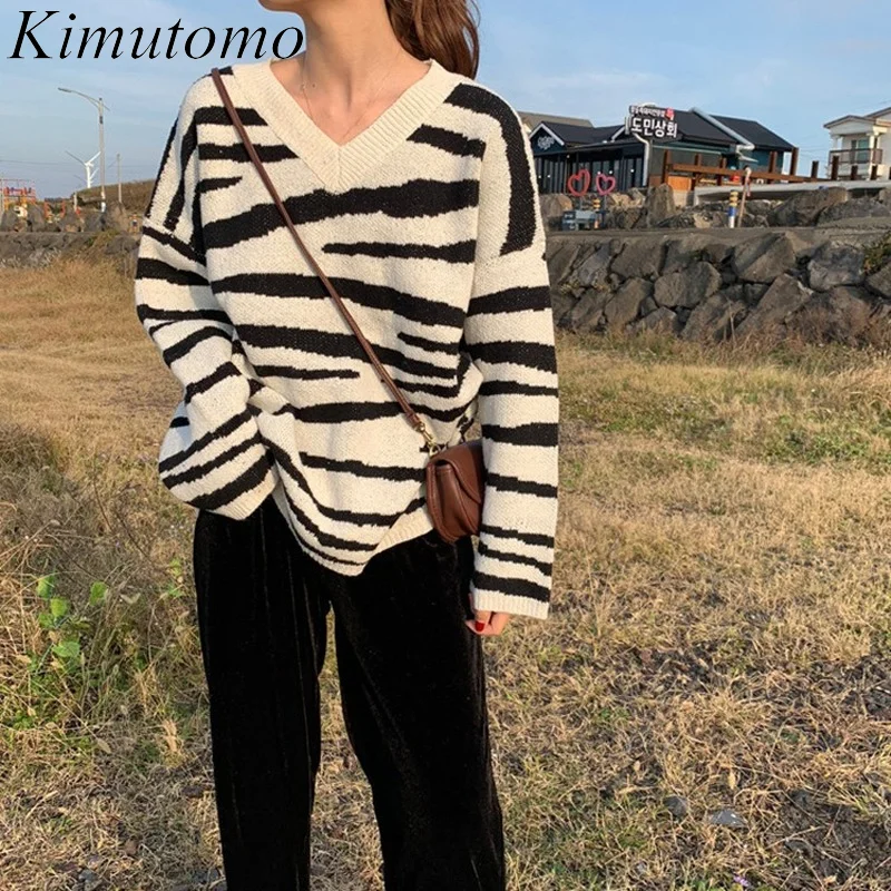 

Женский винтажный полосатый свитер Kimutomo, осень 2021, корейский шикарный Свободный пуловер с V-образным вырезом и длинным рукавом, женская элег...