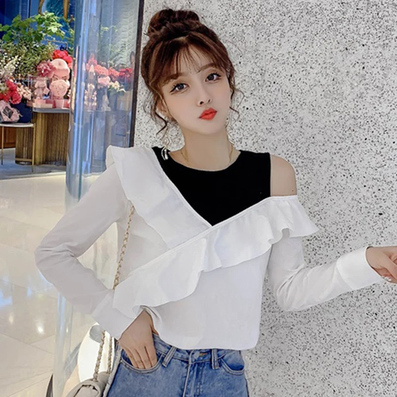 MUMUZI женская блузка с открытыми плечами и оборками белая длинным рукавом Женский