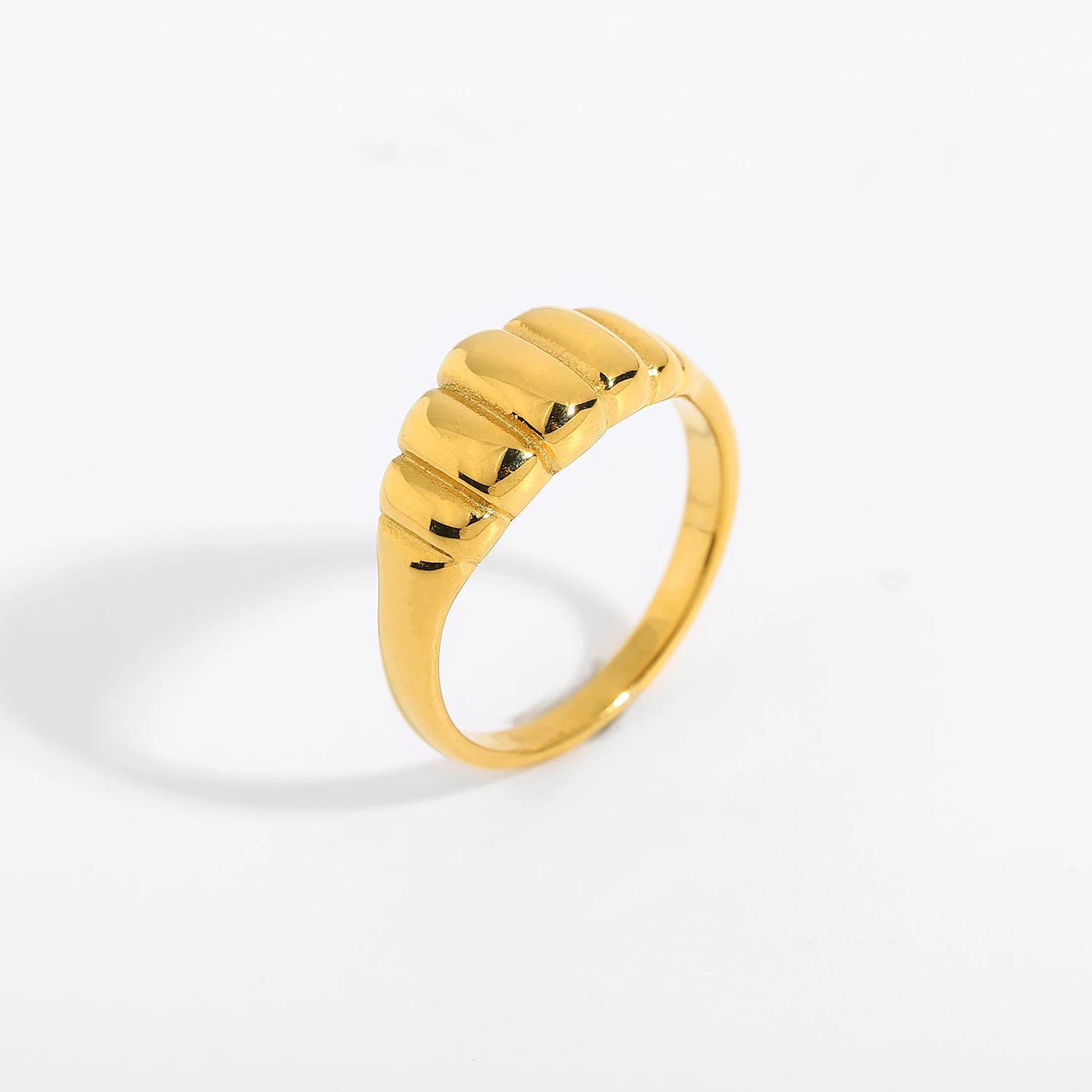 

Croissant Ring 18K Gold IP Plateding Stainless Steel Striped Ring Engraved stripes Braided Twisted Rope Signet chunky ring