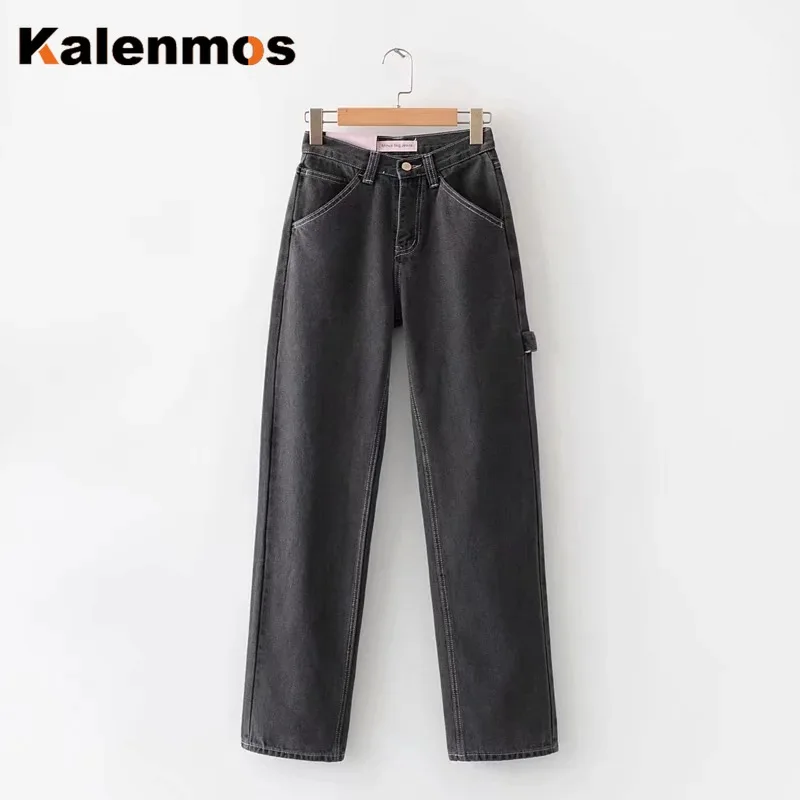 

Denim Pants Women KALENMONS High Waist Washed Jeans Pocket Bleached Summer Casual Trousers Korean Baggy Work Japanese Vintage