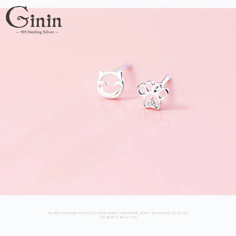 

Ginin Real 925 Sterling Silver Stud Earrings Korean Style Sweet Cat Asymmetric Cat Claw Ear Cute Jewelry For Women Jewelry