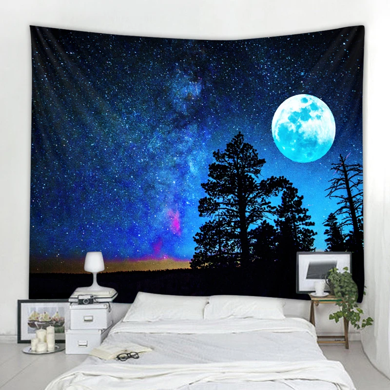 

Настенный Гобелен Galaxy Moon с изображением леса, деревьев, ландшафта, хиппи, психоделического тапиза, звездного неба, спальни, домашний декор, н...