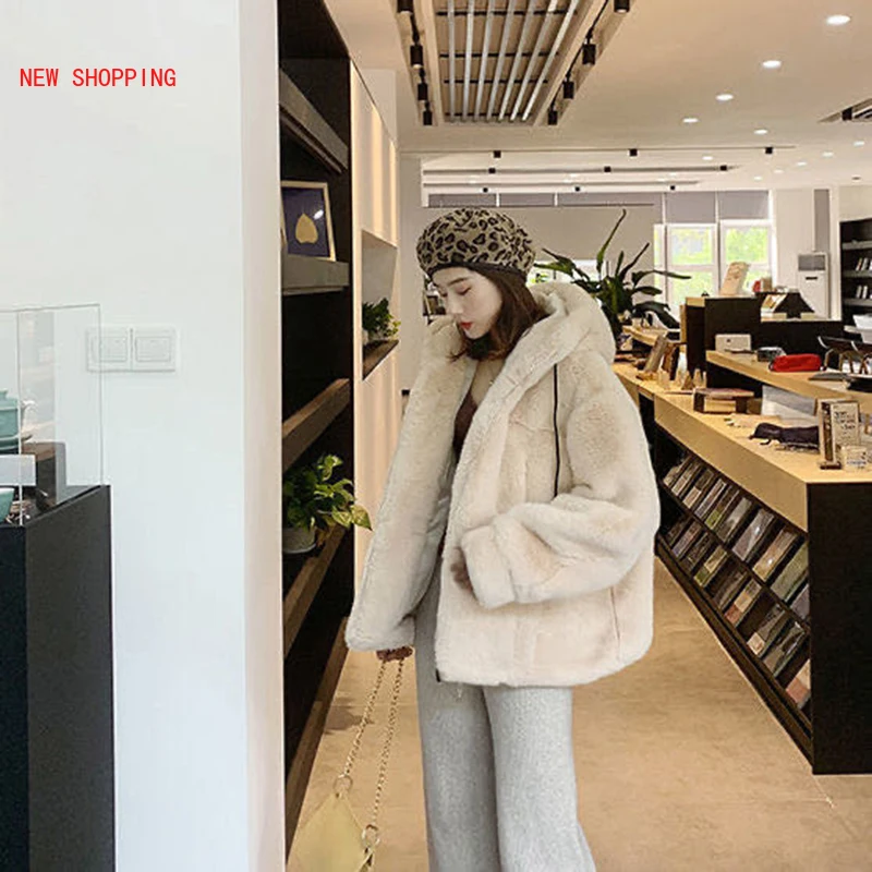 2022 Faux Fur Women Coat with Hood Fashion Zipper Plush Thick Slim Pink Faux Fur Jacket Fake Rabbit Fur Coats Chaqueta Mujer