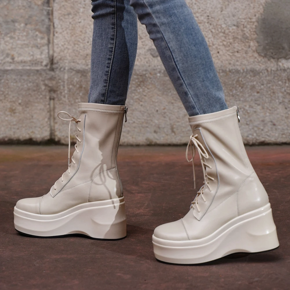 

JOUIR TALONS Top Quality On Sale Female Shoes Genuine Leather Wedges Heels Round Toe Cross-tied Platform Solid Boots