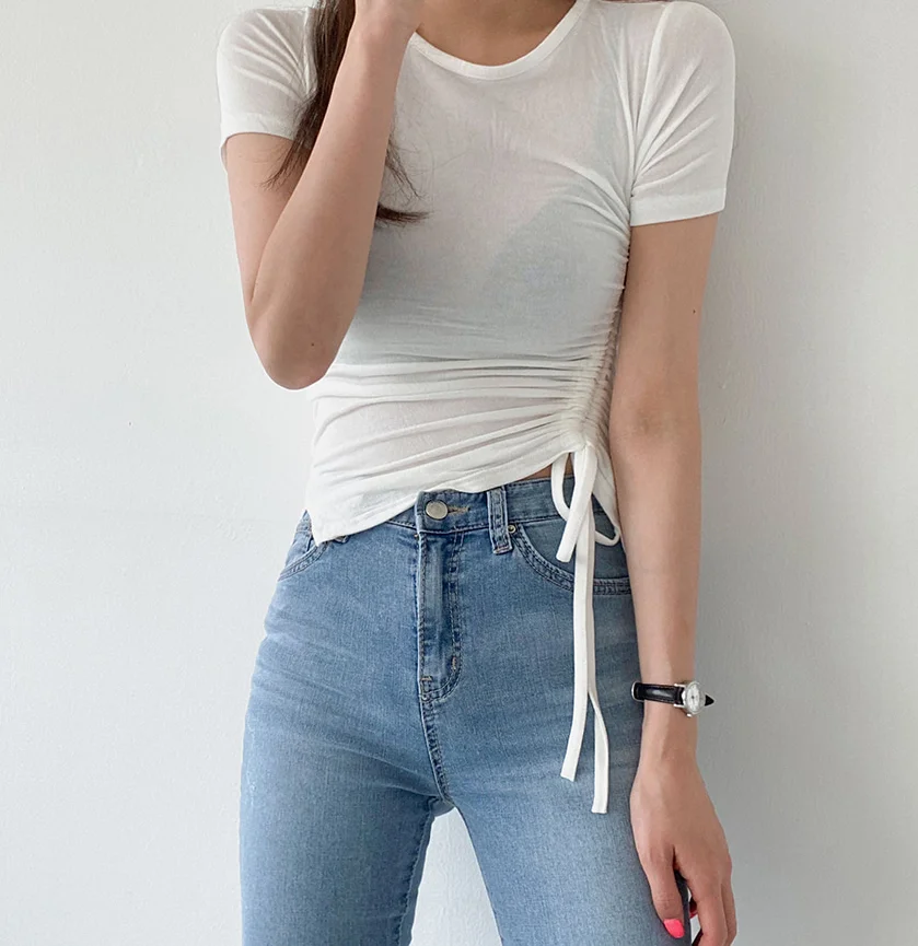 

Sexy Split Drawstring Design Solid T Shirt Women O Neck Pullover Short Sleeve Slim Fit Tees Summer 2021 New Ladies Top